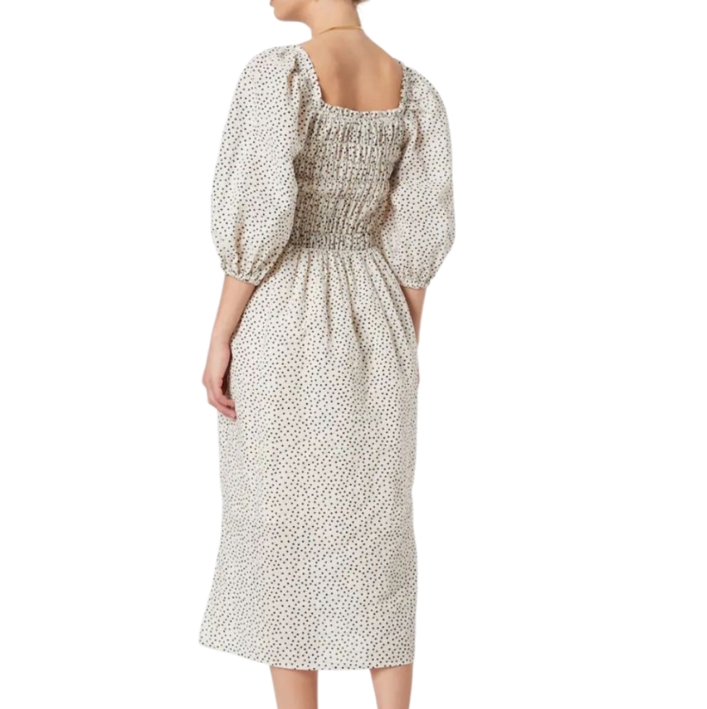 Just Female Avi Dress Cream Black Polka Dot‎ Smocked Midi Puff Sleeve 40 14032 - Picture 3 of 7